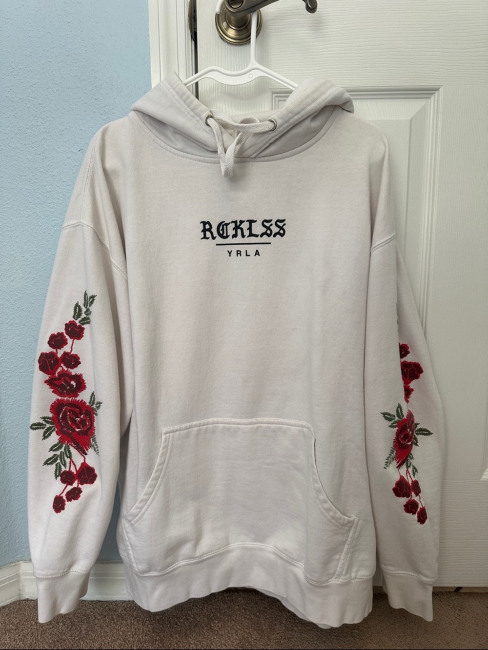 RCKLSS White Hoodie with Red Rose Sleeve Embroidery